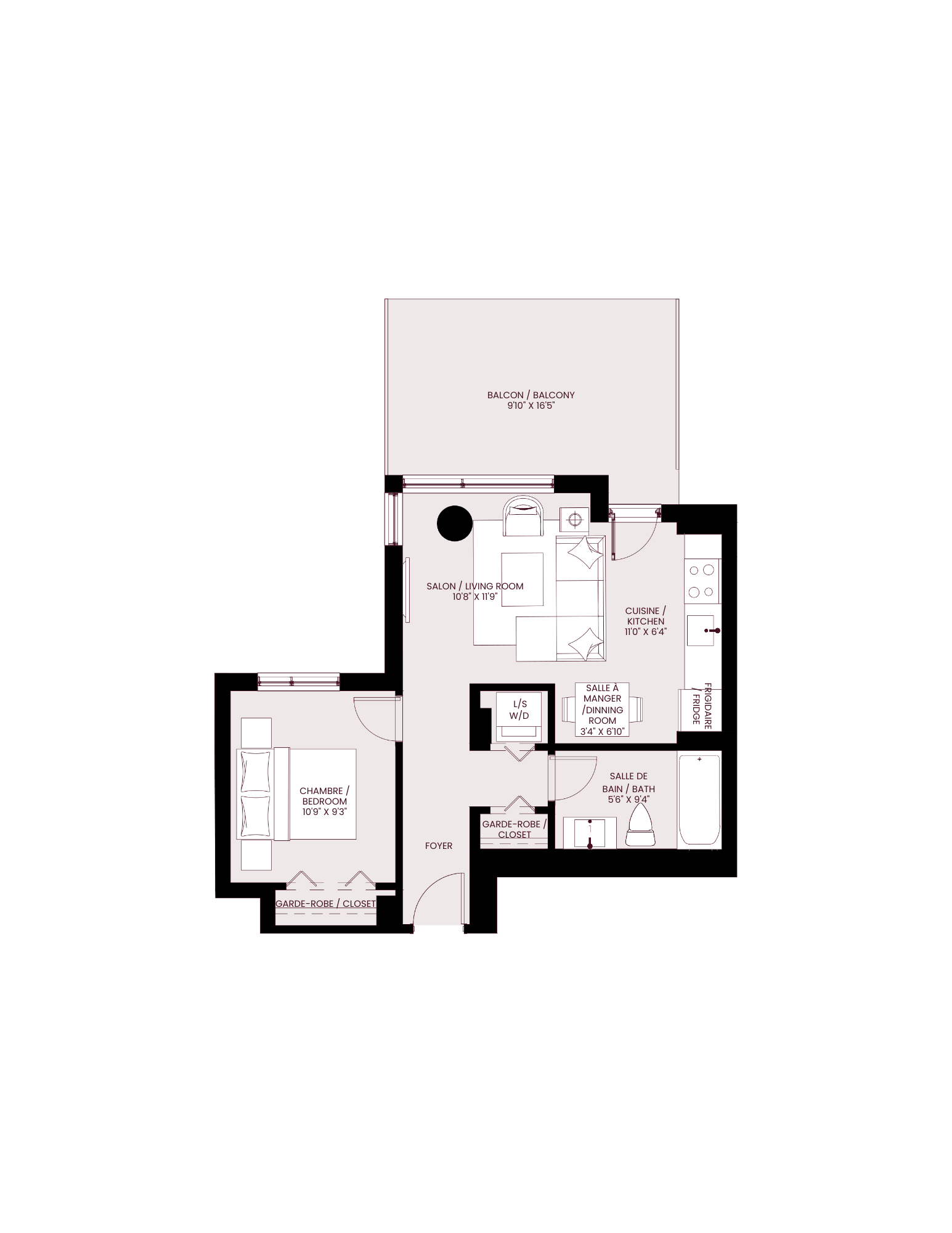 Floor plan for 1 bed, 1 bath, 542 sqft